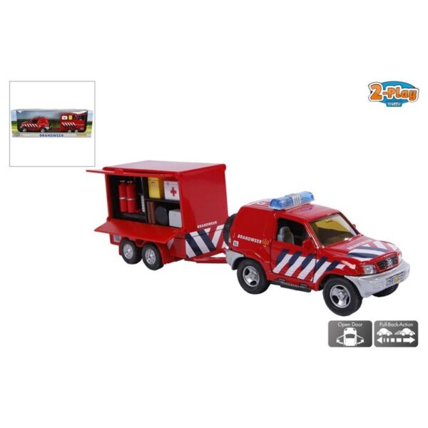 2-Play Brandweer Met Aanhangwagen NL Die Cast Pullback-action 25cm