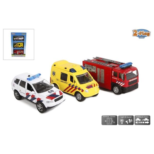 2-Play Rescue Team 3x Hulpdiensten Met Licht En Geluid En Pullback-action 11cm (