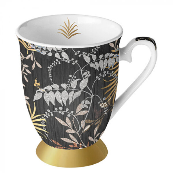 Ambiente Mok 0.25L Luxury Leaves Zwart- Materiaal Fine Bone China-