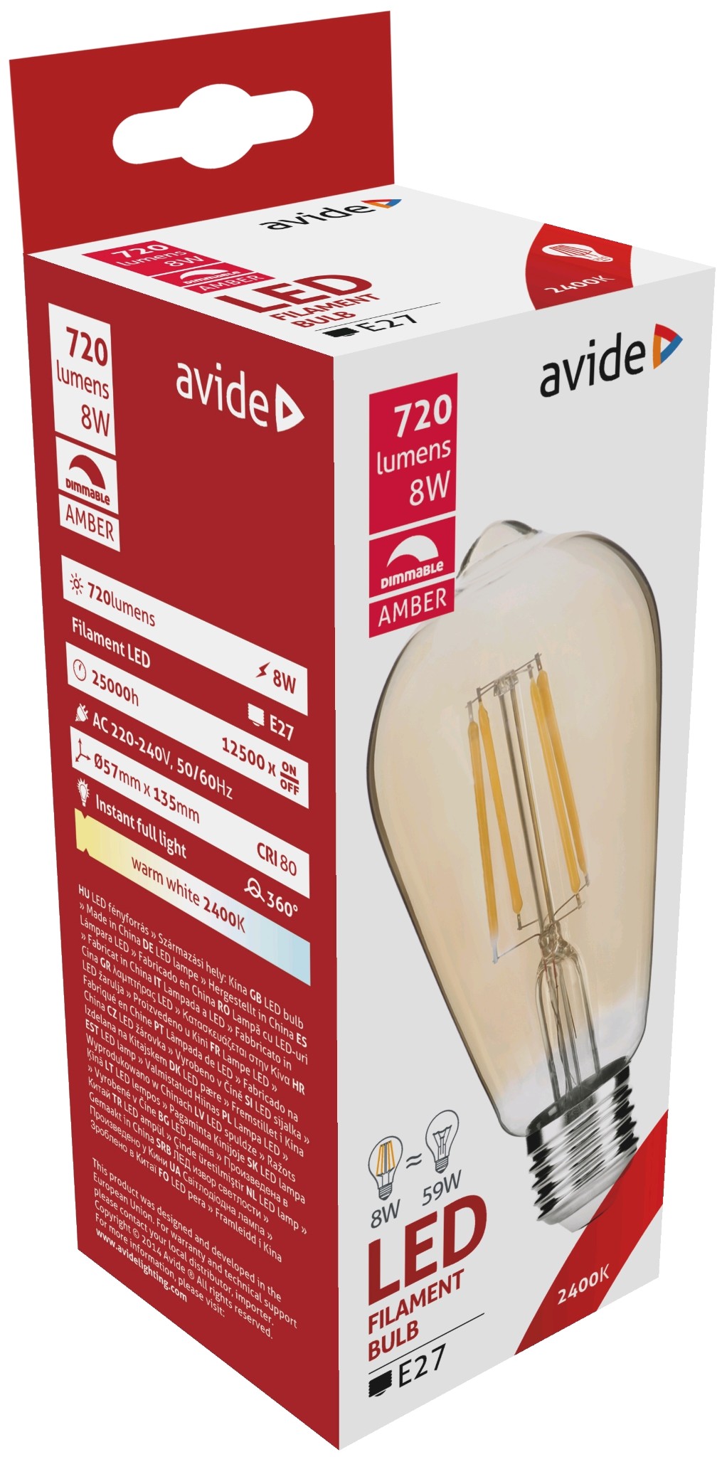 Avide LED Filament Globe Dimmable Amber Coating ST57 8W E27 360° Warmwit 2400K