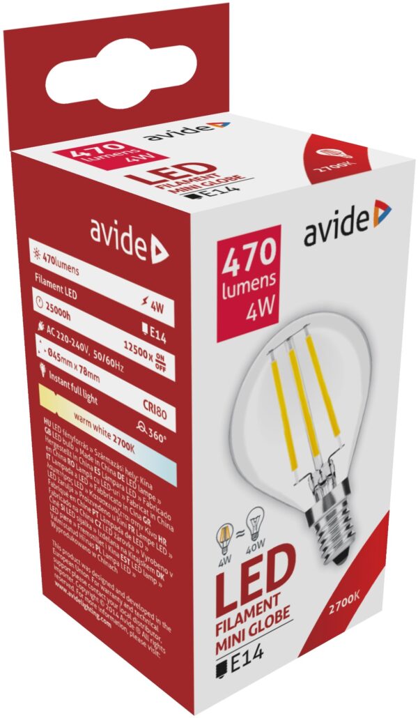 Avide LED Lamp Filament Mini Globe 4W E14 360° Extra Warmwit 2700K 470 Lumen