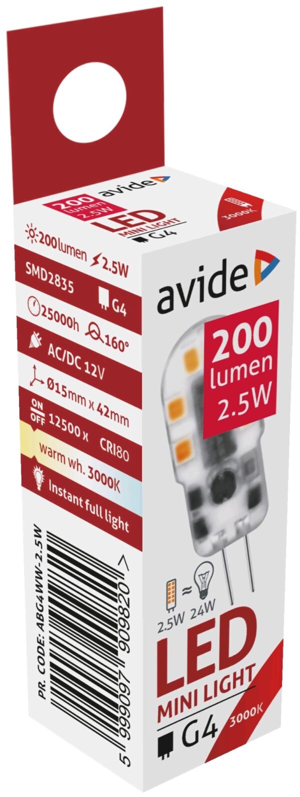 Avide LED Lamp G4 2.5W WW 3000K (200 Lumen) ABG4WW-2.5W