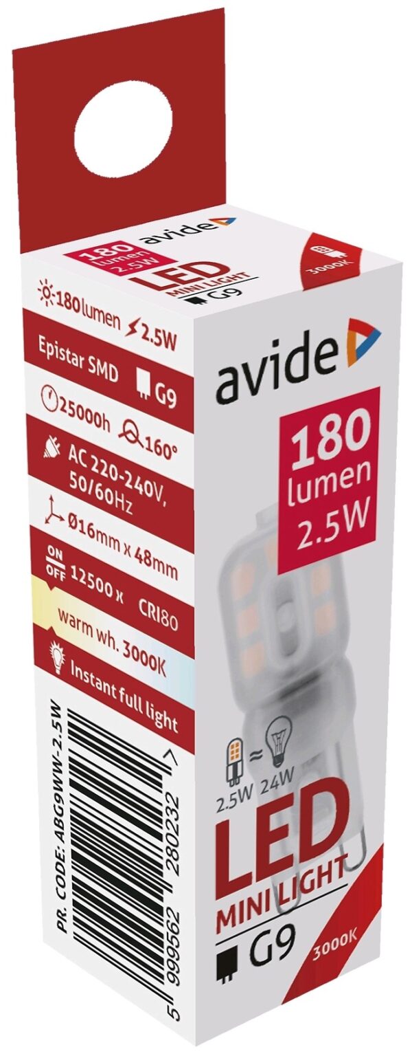 Avide LED Lamp G9 2.5W Warmwit 3000K (180 Lumen) ABG9WW-2.5W