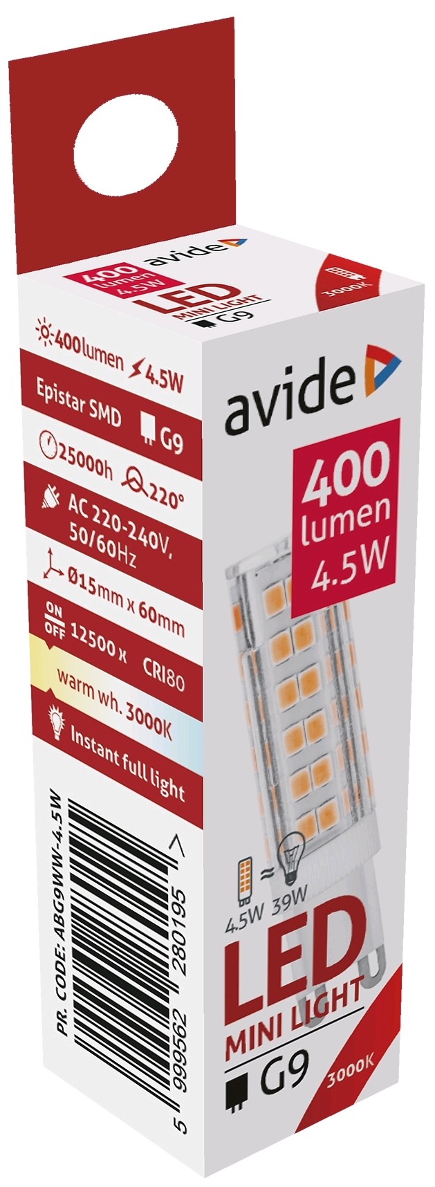 Avide LED Lamp G9 4.5W Warmwit 3000K (400 Lumen) ABG9WW-4.5W