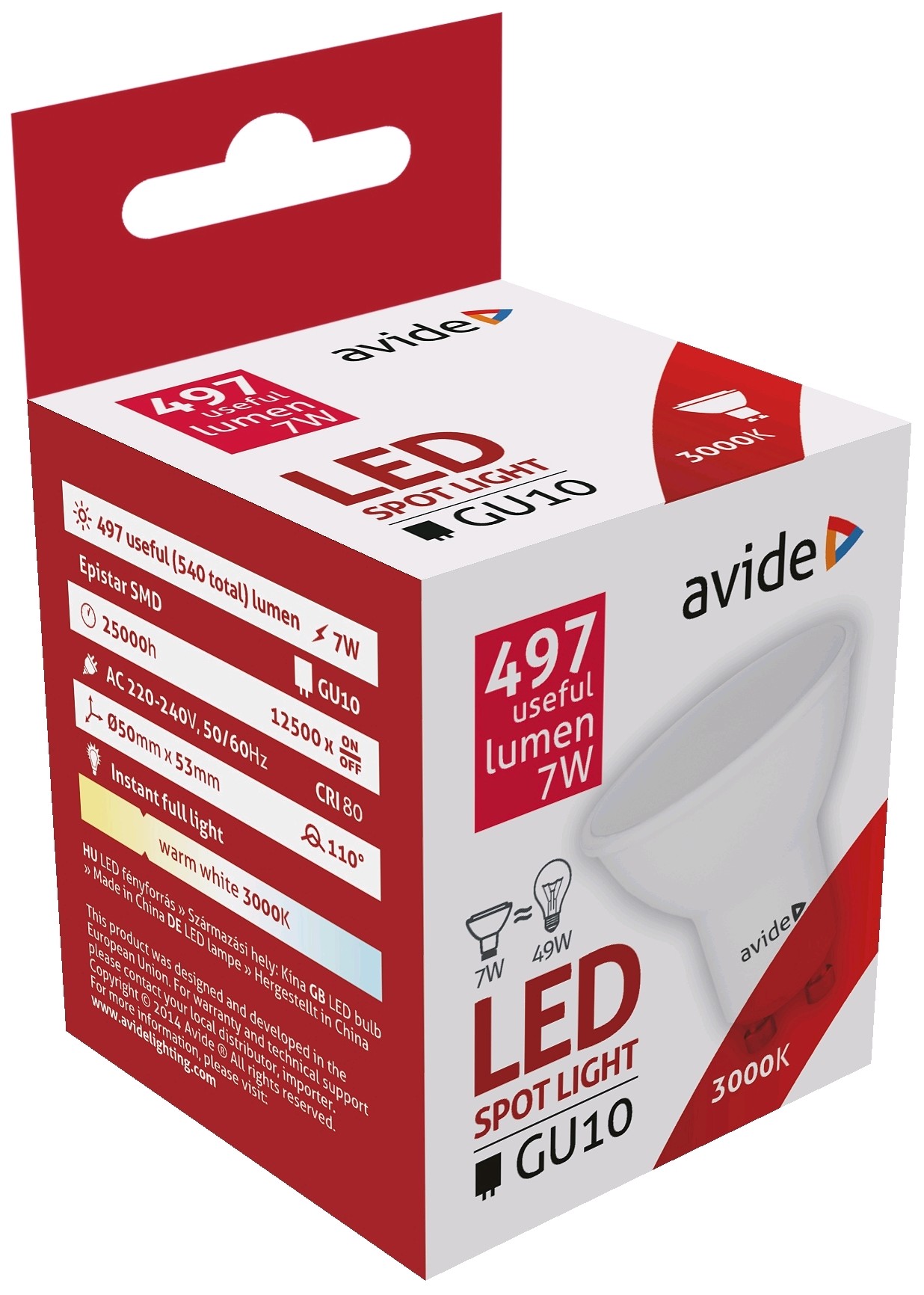 Avide LED Spotlamp Alu+kunststof 7W GU10 110° Warmwit 3000K (540 Lumen)