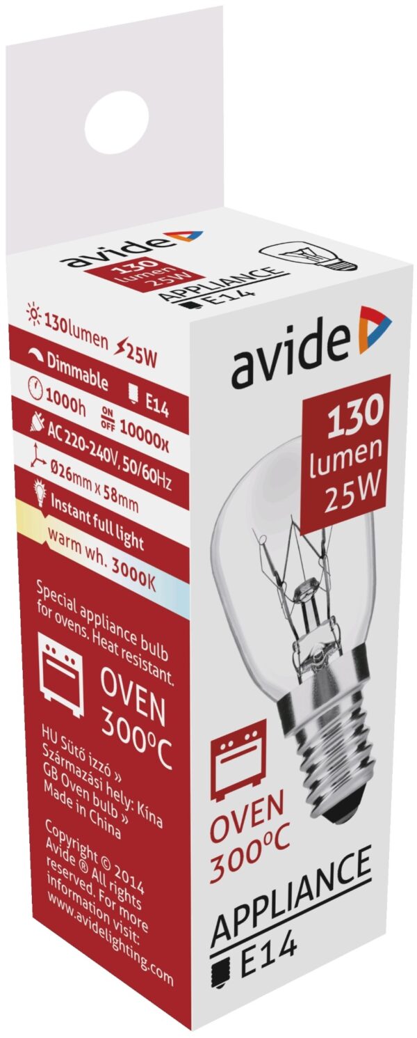 Avide Oven Gloeilamp Tot 300°C 25W E14 Warmwit WW 3000K 130 Lumen Rough