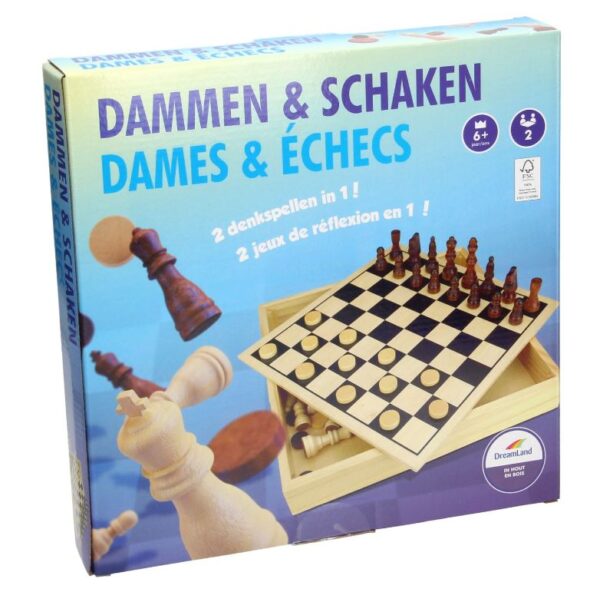 Dam- En Schaakspel In Houten Doos 30x30x5cm