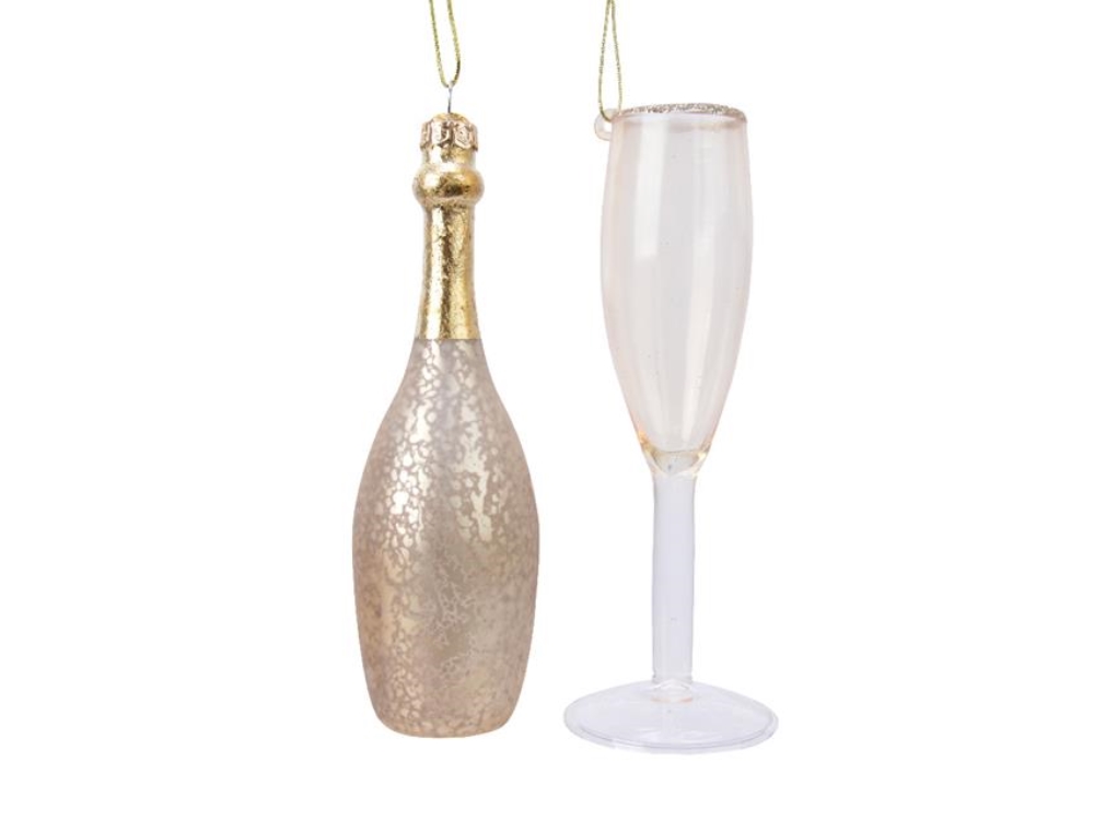 Decoris Glazen Kerstornamentenset In De Vorm Van Champagne Fles En Glas 12.5 Cm