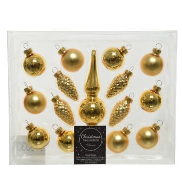 Decoris Mini Kerstballen Set Glas Met Piek 3cm 15 Stuks Licht Goud