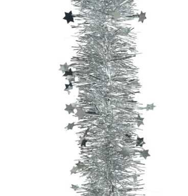 Decoris everlands kunstkerstboom Guirlande Tinsel Glans Ster 10cm X 270cm Zilver