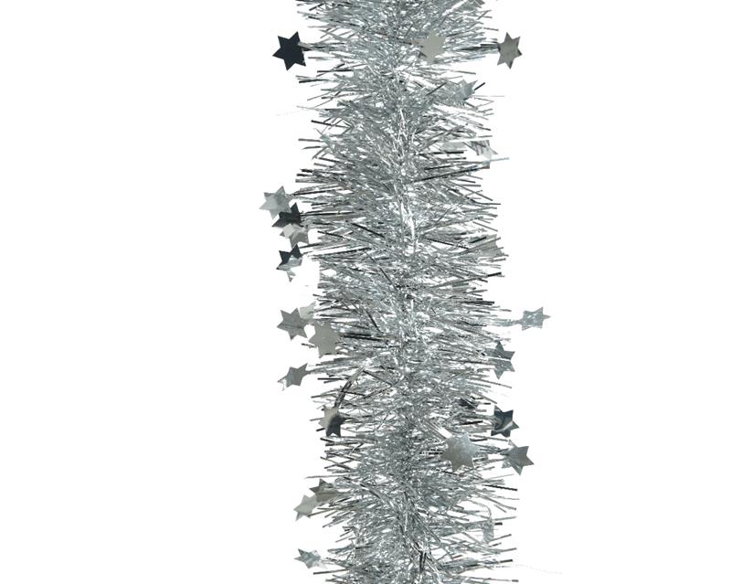 Decoris everlands kunstkerstboom Guirlande Tinsel Glans Ster 10cm X 270cm Zilver