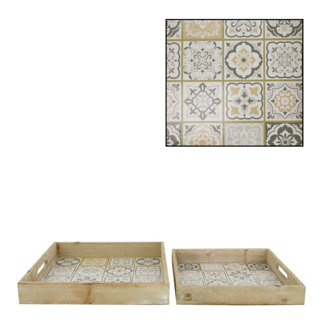 Dijk Natural Collections Tray Set Hout Met Print Van Portugese Tegeltjes 2-delig