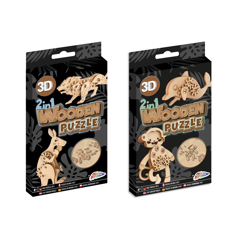 Grafix 2-in-1 Houten 3D Dierenpuzzels 10cm- Leeftijd Vanaf 8 Jaar