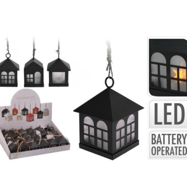 Hanger Huisje Met LED Verlichting 6x8cm Zwart Metaal