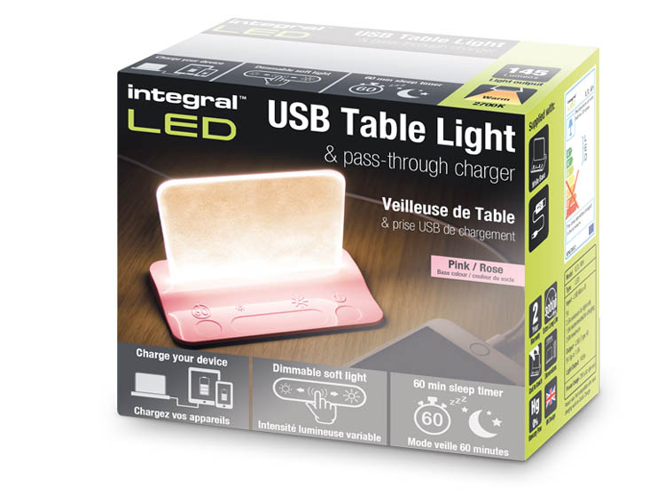 Integral LED USB Tafellamp Roze Dimbaar + Oplaadfunctie Voor Telefoon