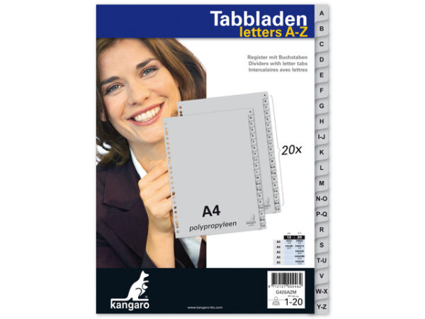 Kangaro Tabblad A4 Letters PP 120 Micron Grijs 23-gaats 20-delig A-Z