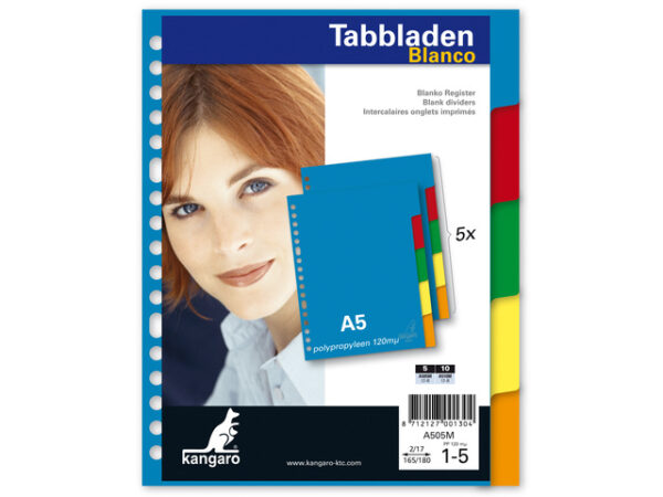 Kangaro Tabblad A5 Blanco PP 120 Micron Assorti 17-gaats 5-delig Kunststof