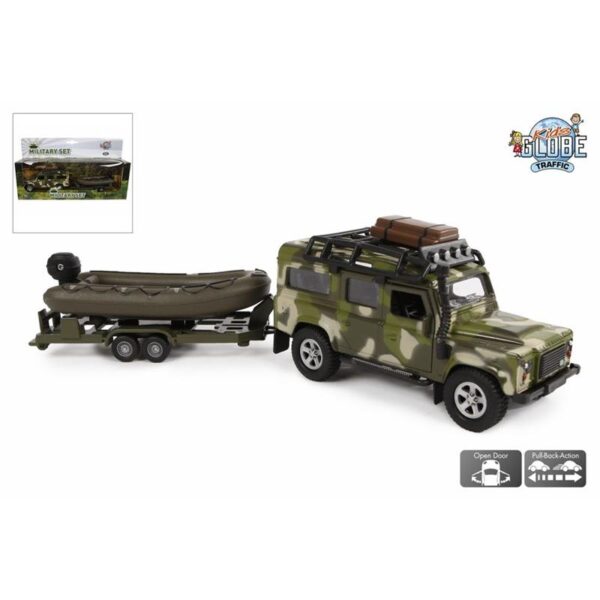 Kids Globe Land Rover Met Aanhanger Met Boot Military Die Cast Pb27cm