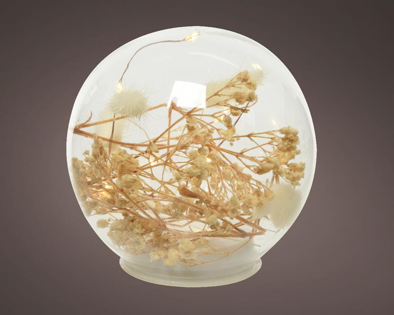 Lumineo Bal Van Glas Met Micro LED Verlichting En Natuur Decoratie 8 Lampen Warm