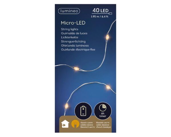 Lumineo Micro LED Streng Lichtsnoer Zilver/klassiek Warm 195cm-40L Op Batterij