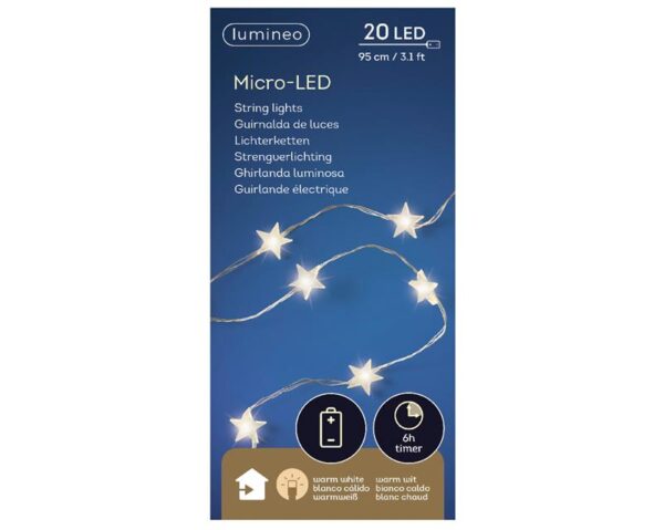 Lumineo Micro LED Verlichting Ster Zilver/warm Wit 95cm-20L Op Batterij