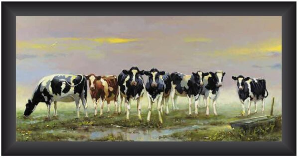 Schilderij Koeien 7 Op Rij 40x80cm (zwarte Lijst)