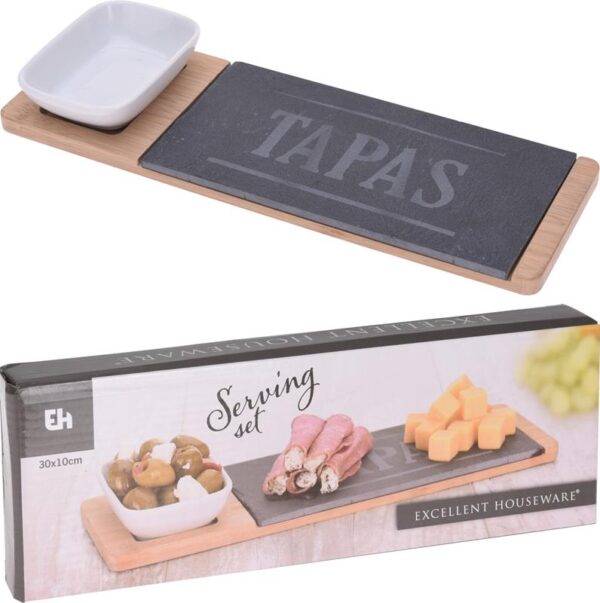 Serveerset Schaal En Plank Met Tekst "Tapas" 30x10cm