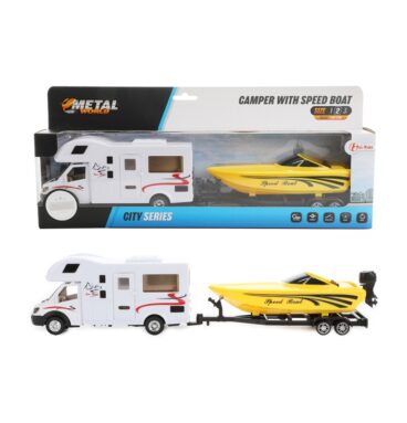 Toi Toys Camper Pull Back +speedboot+aanhanger 1:48