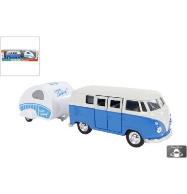 Welly VW Bus T1 1963 Met Caravan Free Wheel 21cm Blauw