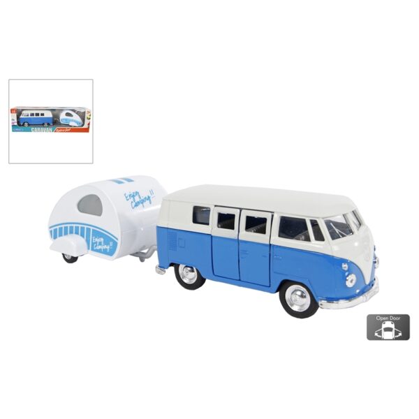 Welly VW Bus T1 1963 Met Caravan Free Wheel 21cm Blauw